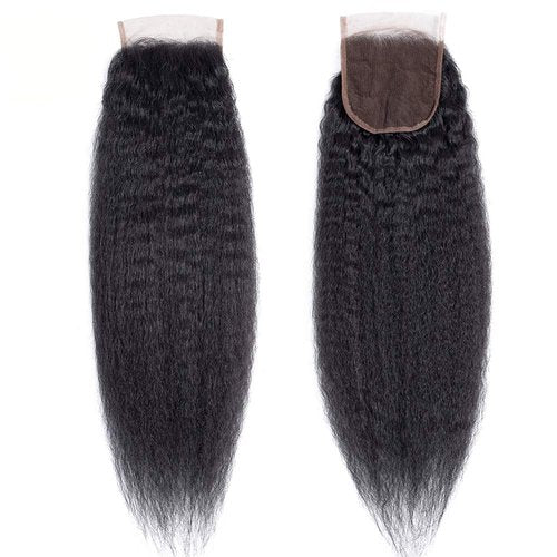 Datanala Kinky Straight Human Hair 3 Bundles with 4x4 Lace Closure Brazilian Virgin 100% Yaki Straight Human Hair Bundles With Closure Free Part(14 16 18+12NEW, 3 bundles+4x4)