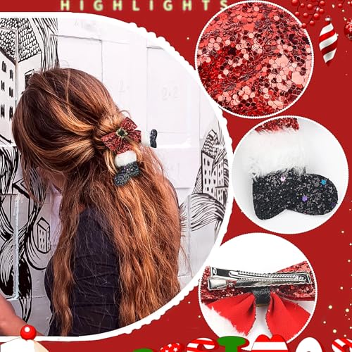 2 Pcs Christmas Hair Clips Santa Boot Hair Barrettes Sparkly Sequin Red Big Bow Christmas Stocking Hairpin Glitter Bows Barrettes Christmas Hair Accessories for Girls Women Xmas Party Gifts