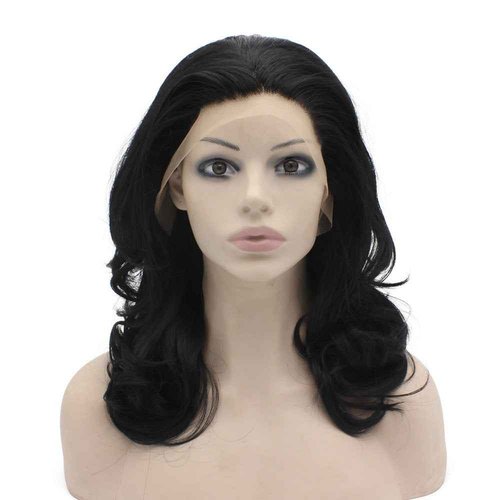 MX angel Medium Long Wavy Black Heat Resistant Synthetic Hair Lace Front Natural Wig