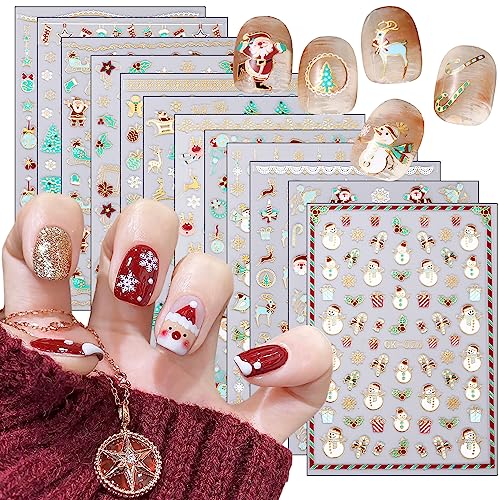 12 Sheets Christmas Nail Art Sticker 3D Self-Adhesive Nail Decals Art Design Holographic Cute Santa Claus Elk Nail Art Sticker for Women Manicure Decoration Acrylic Nails DIY Nails Art Supplies