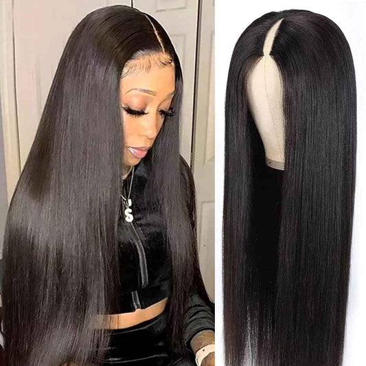 22Inch V Part Wigs Human Hair Straight Brazilian Human Hair Wigs for Black Women Upgrade U Part Wigs No Sew in NO Glue Half Wigs Human Hair 180% Density Natural Color