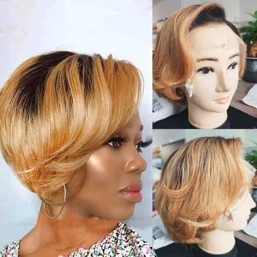 Ombre Honey #1B/27 Human Hair Straight Bob Pixie Cut Wig 13X4 HD Transparent Lace Front Wig Baby Hair 100% Virgin Glueless Brazilian 150% Density for Black Women 6 Inch