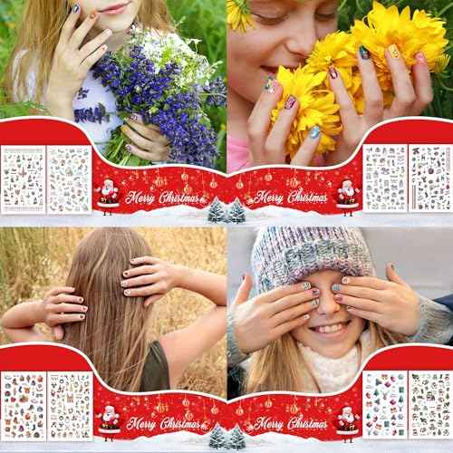 Leesgel Christmas Nail Stickers for Kids Women 450pcs, Christmas Nail Decals Charms, Christmas Stocking Stuffers for Kids Women Designs with Santa, Snowman, Elk, Glove, Sock, Bell