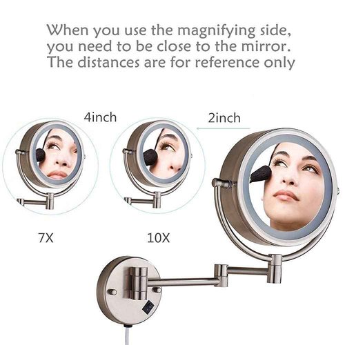 Cavoli Wall Mount Makeup Mirror 9 Inches with LED Lighted 10x Magnification,has 3 Colors Lights Modes,13" Extension Arm Magnifying Vanity Mirror Electric Plug Powered, Brushed Nickel Finish