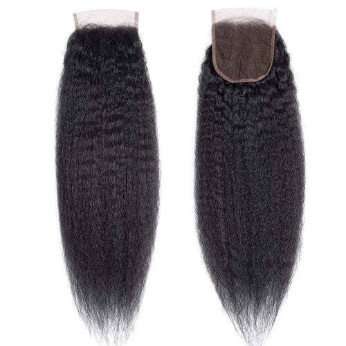 datanala Brazilian Virgin Kinky Straight Human Hair 3 Bundles with 4x4 Lace Closure 12 14 16+10 100% Virgin Yaki Human Hair Bundles With Closure Free Part Natural Black Color