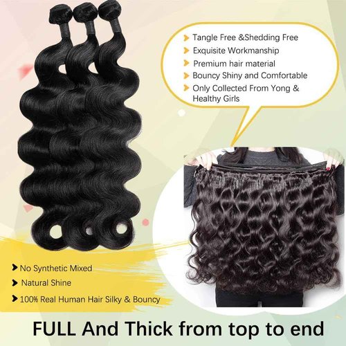 Body Wave Bundles Human Hair 16 18 20 Inch 100% Unprocessed 12A Brazilian Virgin Raw Bundles Human Hair 3 Quick Weave Glossy Hair for Black Women Hair Extensions Real Natural Color