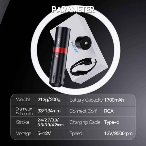 Tattoo Gun Kit - Mast Tattoo Flip2 Wireless Pen Machine Mcore-A Powerful Motor 6 Strokes Length 2 Batteries Power Supply Needles Cartridges Black Tattoo Ink for Beginners