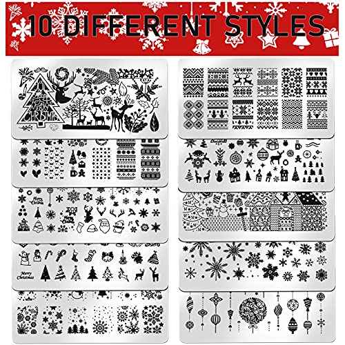 Maitys 10 Pieces Christmas Nail Stamping Plate Nail Stamp Kits Santa Reindeer Snowflake Tree Bell Winter Image Nail Template for Women Christmas DIY Nail Stencils