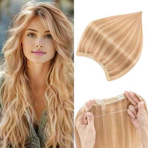 Halo Hair Extensions Real Human Hair,S-noilite 100% Human Hair Halo Extensions for Women,70g/20inch 12P613 Golden Brown Mixed Bleach Blonde