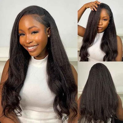 OQ Hair Kinky Straight Half Wig Human Hair Adjustable Drawstring 180% Density 3 In 1 Beginner Friendly Glueless Wear and Go Half Human Hair Wig for Women 18 Inch