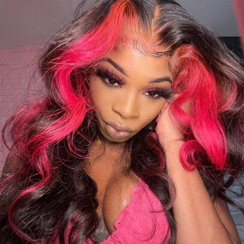 Zikria Skunk Stripe Wave Wig Ombre Lace Frontal Wig Human Hair Wigs 13X4 Pink Red 150% Density HD Transparent Lace 18 Inch