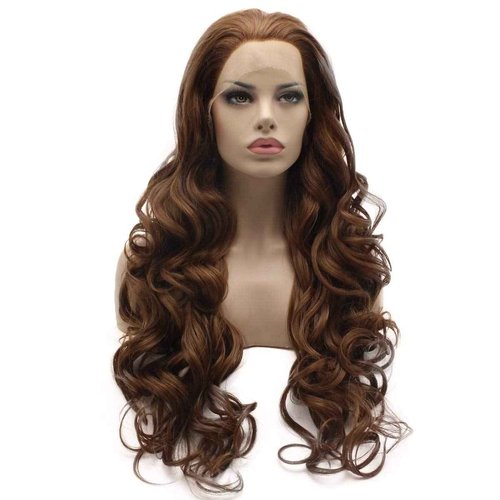 Lushy Wavy Long 26inch Three Tone Auburn Brown Blonde Mix Wig Heat Resistant Synthetic Lace Front Realistic Heat Friendly Wig