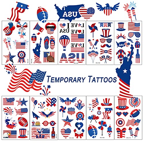 Temporary Tattoos, 90Pcs Independence Day Tattoos (10 Sheets) American Flag Red White & Blue Design USA Body Art Patriotic Stickers for Labor Day Memorial Day Decoration Party Supplies Flags