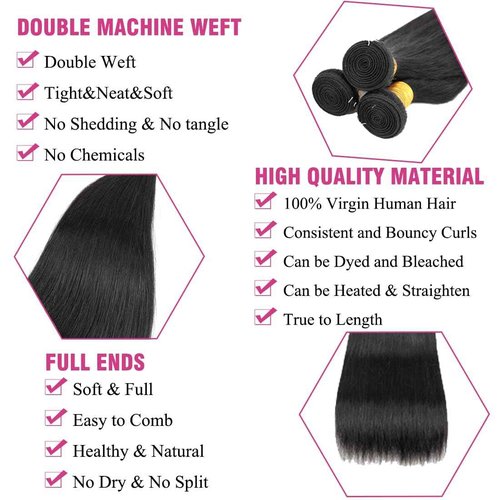 Brazilian Straight Human Hair Bundles Weaves 100% Unprocessed Virgin Straigt Human Hair 3 Bundles 18 20 22Inch Raw Sew in Bundles Deals for Woman Nature Black (100+/-5g)/pc Can be Dyed and Bleached