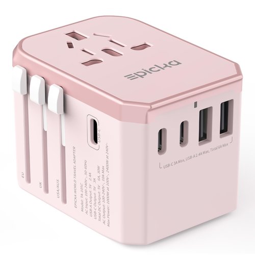 EPICKA Universal Travel Adapter, International Power Plug Adapter with 3 USB-C and 2 USB-A Ports, All-in-One Worldwide Wall Charger for USA EU UK AUS (TA-105C, Pink)