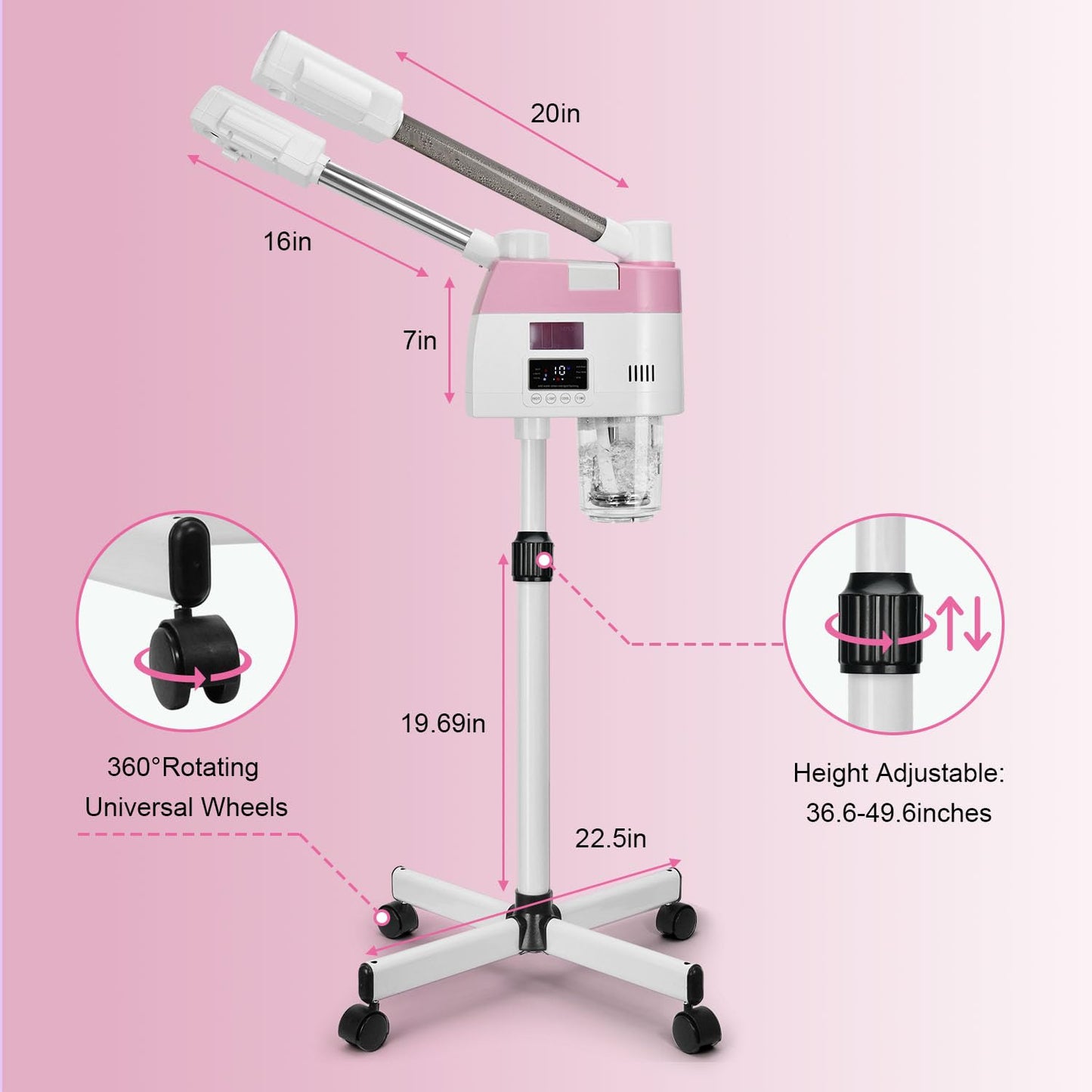 Professional Facial Steamer,2 in 1 Facial Steamers with Hot&Cool Mist, Height Adjustable Face Steamer, Pink Esthetician Steamer for Home Salon Spa