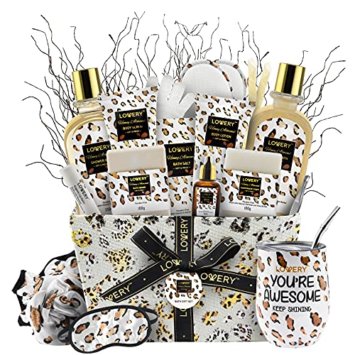 Luxury At-Home Spa Kit with Honey Almond Scent - Bath Gift Basket with Vit E-Rich Bath Essentials, Tumbler, Ear Candles, Bath Oil, Salts, Shower Steamer, Organic Lip Balm & More in Leopard Basket, 21