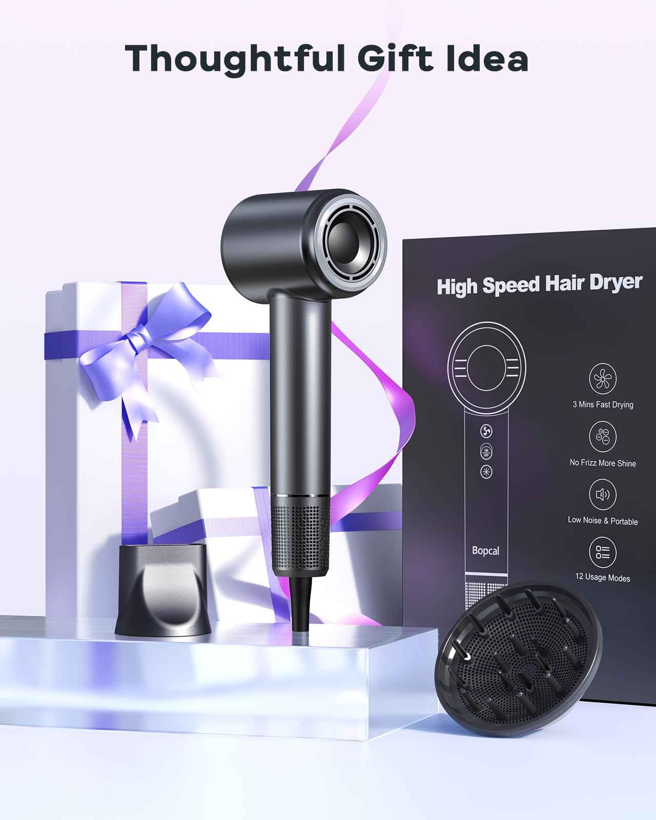 Hair Dryer - 150000 RPM High Speed Blow Dryer for Fast Drying with Brushless Motor, 500 Millions Negative Ionic, Low Noise, HD Display, 4 Temps & 3 Speeds, for Home Travel Salon, Black