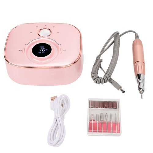 Nail Drill Handpiece, Rose Gold 35000RPM LED Low Noise Nail File Electric Grinding Machine Electric Nail Drill Handle Rechargeable Drill Set Nail Drill Handpiece DIY Nails