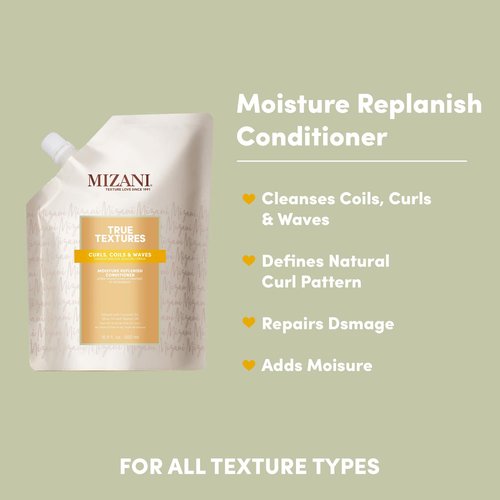 Mizani True Textures Moisture Replenish Conditioner with Refill Set | Smooths & Hydrates | with Coconut Oil | Sulfate-Free | for Curly Hair | 33.8 Fl Oz Liter and 16.9 Fl Oz Refill