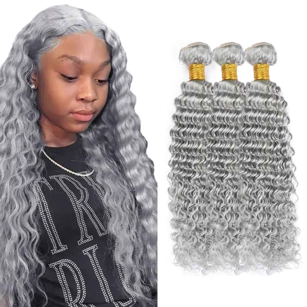 Giginger Sliver Grey Human Hair Bundles 20 22 24 inch Deep Wave Human Hair Bundles Sliver Grey 100% Unprocessed Raw Quick Weave Hair for Black Women