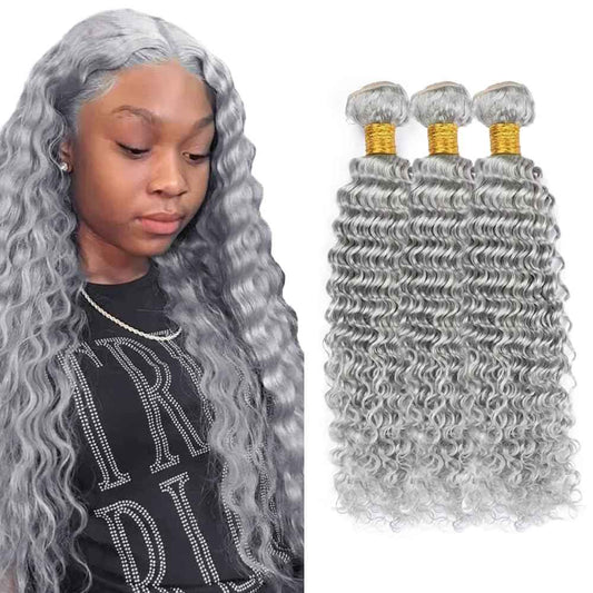 Giginger Sliver Grey Human Hair Bundles 20 22 24 inch Deep Wave Human Hair Bundles Sliver Grey 100% Unprocessed Raw Quick Weave Hair for Black Women