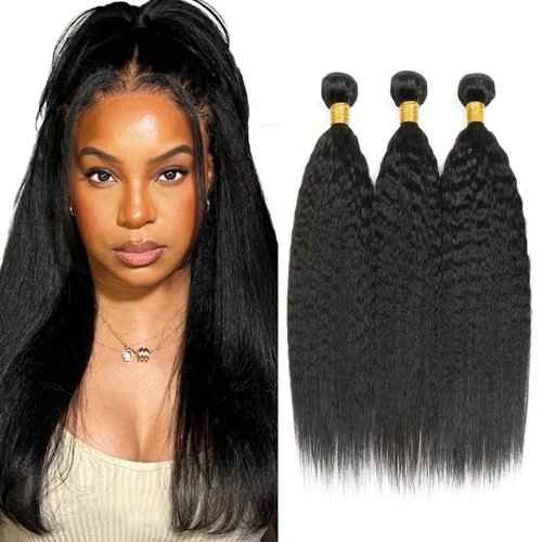 24 26 28 inch Color 1B Human Hair Bundles Yaki Straight Bundle Kinky Straight Human Hair 3 Bundles Double Weft Yaki Bundle