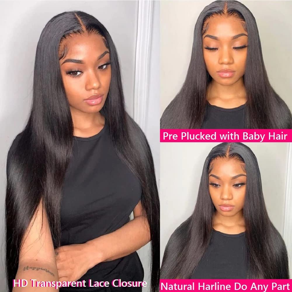 10A Brazilian Straight Human Hair Bundles with 2x6 Closure 18 20 22+16 Inch 100% Unprocessed Straight Virgin Hair Weave Bundles Human Hair with 2x6 HD Lace Closure
