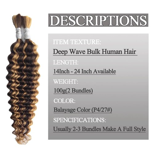 Human Braiding Hair For Boho Braids P4/27# Balayage 24 Inch 100g/2Bundles 12A Deep Wave Bulk Human Hair For Braiding No Weft Wet And Wavy Human Hair Extensions For Braids