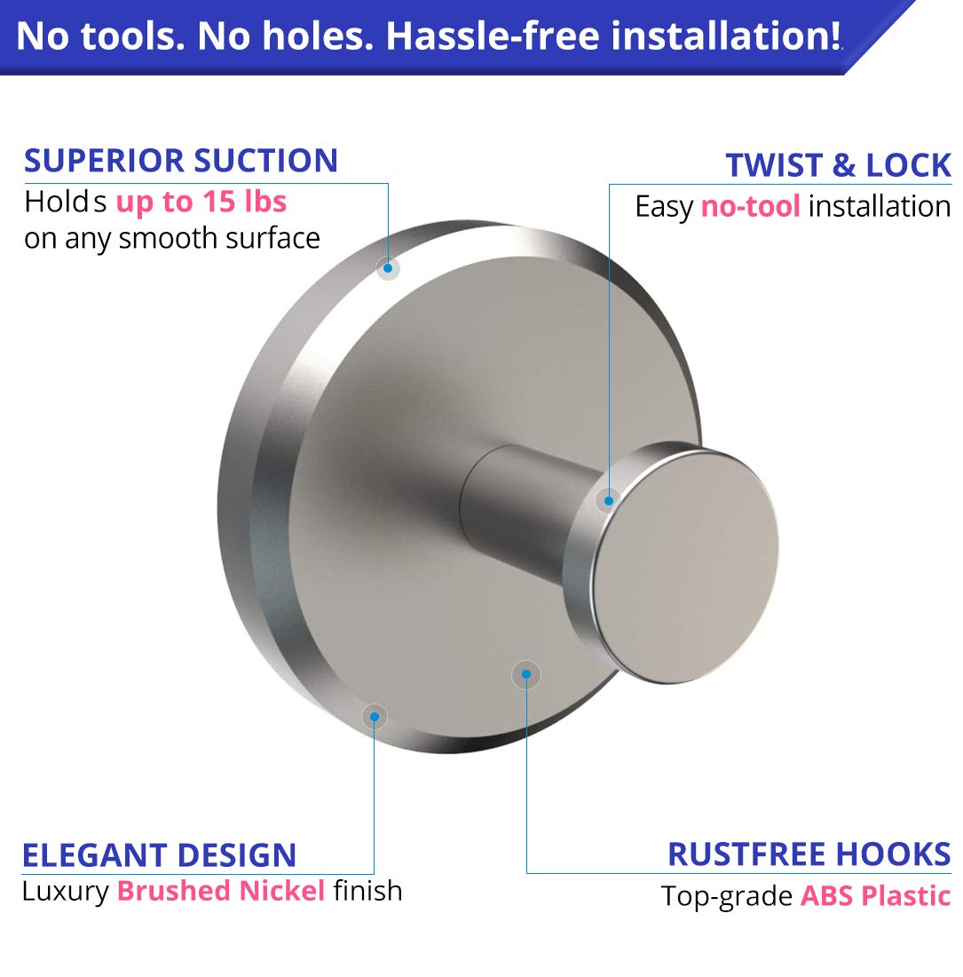 HOME SO Suction Cup Hooks for Shower, Bathroom, Kitchen, Glass Door, Mirror, Tile – Loofah, Towel, Coat, Bath Robe for Hanging up to 15 lbs – Polished Matte Chrome, Brushed Nickel (2-pack)