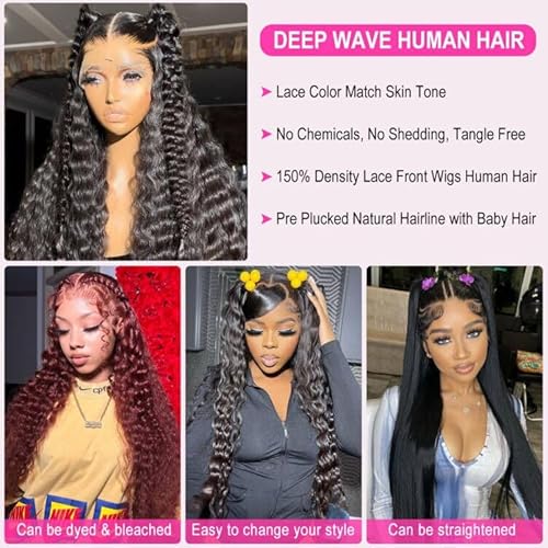 13x6 Deep Wave Lace Front Wigs Human Hair Wig 180 Density Deep Curly Lace Frontal Glueless Human Hair Lace Front Wig Pre Plucked Natural Black 24 Inch