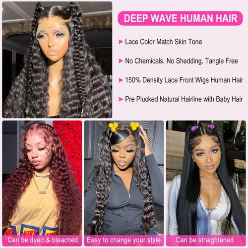 Ferzzon 13x6 Deep Wave Lace Front Wigs Human Hair Wig 180 Density Deep Curly Lace Frontal Glueless Human Hair Lace Front Wig Pre Plucked Natural Black 24 Inch