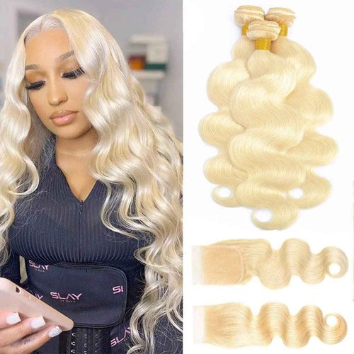 613 Blonde Bundles with Closure Human Hair (12 14 16+10") 12A Brazilian Blonde Body Wave Human Hair 3 Bundles with Closure 100% Unprocessed Virgin Body Wave Weave with Lace Closure