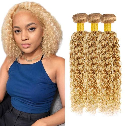 Hydtxc Bundles Human Hair P27/613 Blonde Jerry Curly Human Hair Bundles 22 24 26 Inch Highlight 12A Raw Unprocessed Brazilian Virgin Quick Weave Hair for Black Women