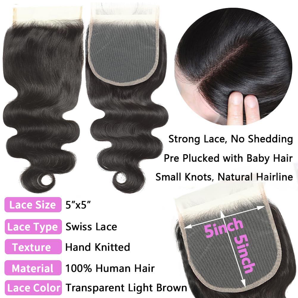 12A Body Wave Human Hair Bundles with Closure (20 22 24+18,Free Part) Closure with 3 Bundles Brazilian Virgin Hair Extensions with Pre Plucked with Baby Hair 5X5 HD Lace Closure Natural Black Color
