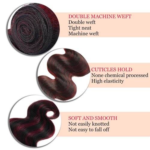 1B99J Burgundy Highlight Human Hair Bundles Body Wave Quick WeaveWet and Wavy Unprocessed Native Virgin Raw Hair Extensions 3 Bundles 20 22 24 Inch Double Weft 2 Tone Mixed for Woman