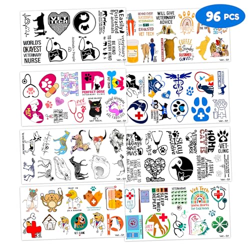 96 PCS Funny Veterinary Vet Medicine Technician Vet Med Temporary Tattoos Birthday Theme Party Supplies Decorations Favors Decor Cute Pet Cat Dog Tattoo Stickers Gifts for Kids Boys Girls Class Prizes