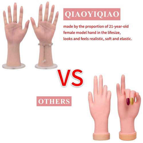 QIAOYIQIAO Silicone Realistic Female Hand Acrylic Nails Pratice Training For Nail Art Showing Jewelry Life Size Female Model Flexible Bendable (Pair Hand-Without Skeleton, Nude)