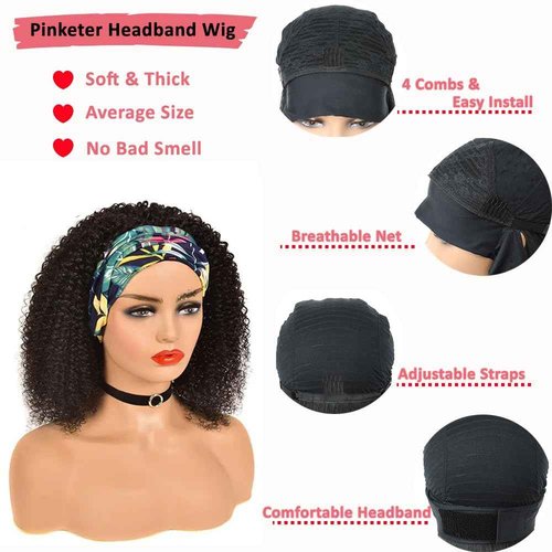 Kinky Curly Human Hair Headband Wig Glueless Non Lace Front Wig Human Hair Wigs for Black Women Natural Color Machine Made (Headband Wig, 22inch)