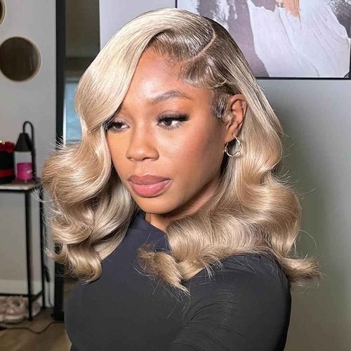 Ombre Milk Tea Blonde Bob Wig Human Hair Body Wave 200% Density Loose Wave 13x4 Hd Brown Roots with Ash Blonde Summer Bob Wig Pre Plucked with Baby Hair for Women 14 Inch