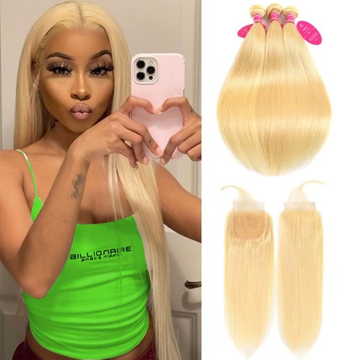 613 Blonde Human Hair Bundles with Closure 100% Brazilian Virgin Straight Bundles with 4x4 Lace Closure 613 Platinum 3 Straight Bundles Human Hair Weave with 4x4 Lace Closure (12 14 16+10)