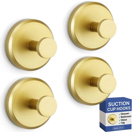 HOME SO Suction Cup Hooks for Shower, Bathroom, Kitchen, Glass Door, Mirror, Tile – Loofah, Towel, Coat, Bath Robe Hook Holder for Hanging up to 15 lbs – Waterproof, Matte Brushed Satin Gold (4-Pack)