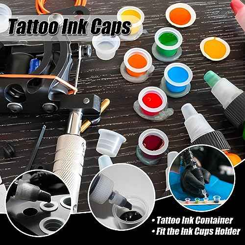 3MM Tattoo Practice Skin 5Pcs + 300 Ink Cups Kit - Realistic Double-Sided Training, Mixed Size 11mm/14mm/17mm Pigment Caps for Tattoo Artist & Beginner
