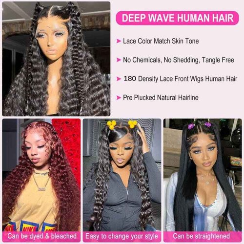 Ferzzon 13x6 Deep Wave Lace Front Wigs Lace Frontal Wigs Human Hair for Women Glueless Curly Lace Front Wig Curly Wig Pre Plucked with Baby Hair 180 Density Natural Color 30 Inch