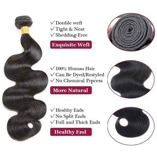 Body Wave Human Hair Bundles 20 22 24 Inch Brazilian 12A Body Wave 3 Bundles Human Hair Weave Bundles 100% Unprocessed Human Hair Extensions Virgin Hair Natural Black