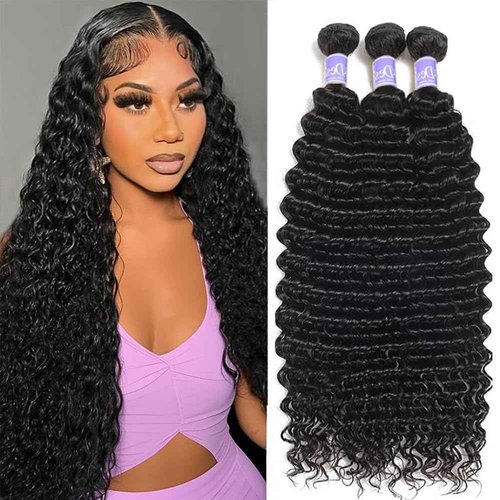 UDesire Deep Wave Human Hair Bundles 22 24 26 Inch 12A Brazilian Deep Wave Bundles Human Hair 100% Unprocessed Virgin Deep Curly Hair Weave Natural Black