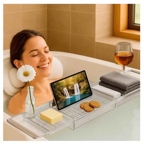 Conscious & Classy -Bathtub Tray and Pillow Set | Bath Accessories for Home Spa - Includes Machine Washable Headrest and Expandable Plastic Caddy - Perfect Stress Relief & Self Care Gift