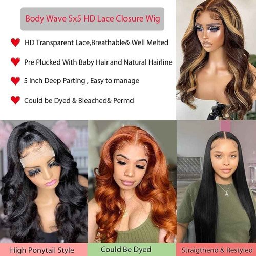 Closure Wigs Human Hair Body Wave 5x5 HD Lace Closure Wigs Human Hair Pre Plucked with Baby Hair 180% Density Brazilian Virgin Human Hair Wigs for Black Women Natural Color (Body Wave Wig, 24 Inch)