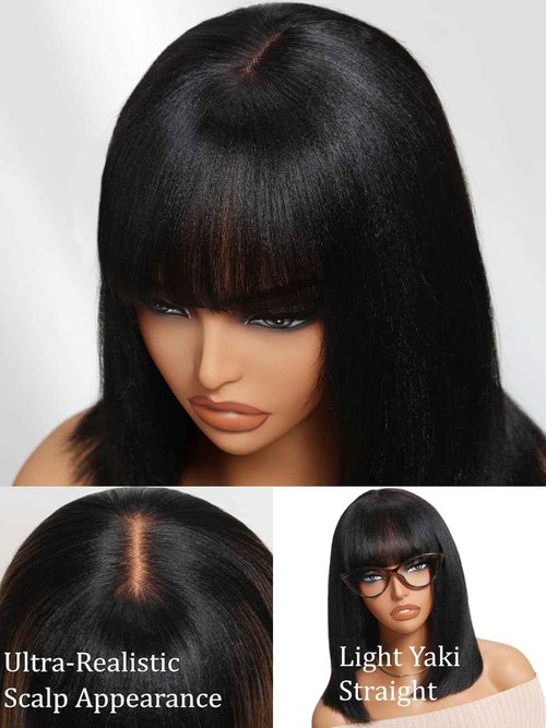 UNICE 14 Inch Yaki Straight Glueless Bob Wig Human Hair with Bangs 2x4 HD Lace Short Black Ready to Wear Blunt Cut Bob Wigs Natural Looking 180% Density