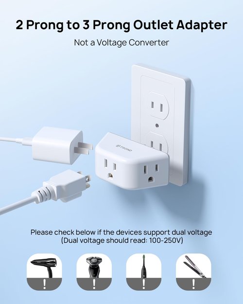 TROND 2 Prong to 3 Prong Outlet Adapter 2 Pack, 3-Way Angled Wall Extender with 3 AC Sockets, Plug Expander for Non-Grounded Outlets in Old House, Cruise Ship Essentials, White